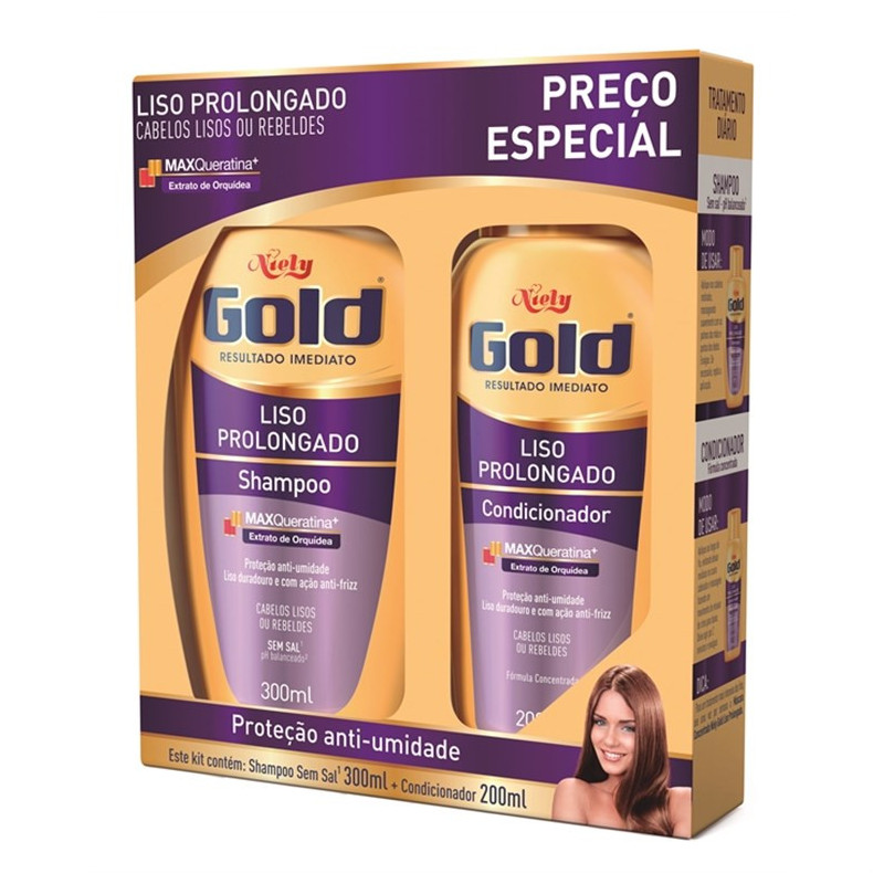 KIT SHAMPOO 300ML + CONDICIONADOR 200ML NIELY GOLD LISO PROLONGADO