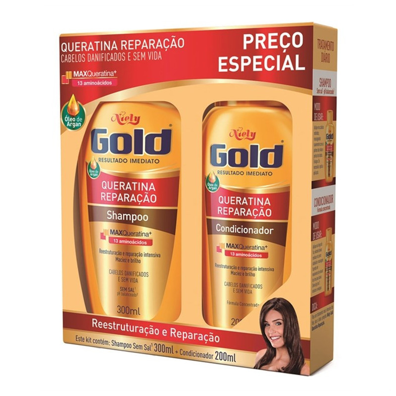 KIT SHAMPOO 300ML + CONDICIONADOR 200ML NIELY GOLD QUERATINA REPARAÇÃO
