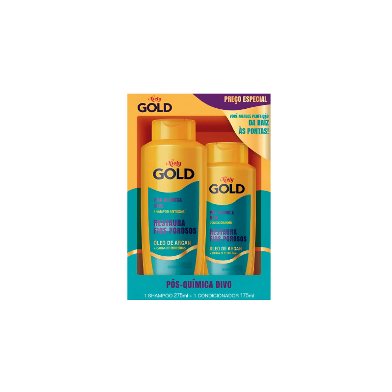 KIT SHAMPOO 300ML + CONDICIONADOR 200ML NIELY GOLD ÓLEO DE ARGAN PÓS-QUÍMICA