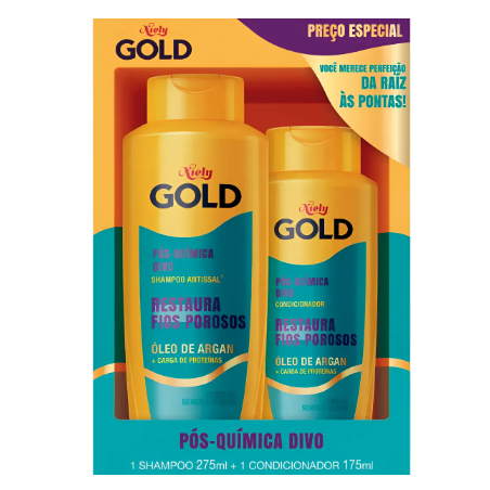 KIT SHAMPOO 300ML + CONDICIONADOR 200ML NIELY GOLD ÓLEO DE ARGAN PÓS-QUÍMICA