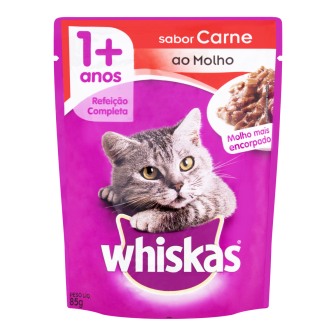 ALIMENTO PARA GATOS ADULTOS CARNE AO MOLHO WHISKAS SACHÊ 85G