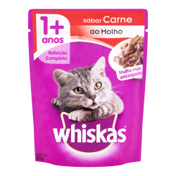 ALIMENTO PARA GATOS ADULTOS CARNE AO MOLHO WHISKAS SACHÊ 85G