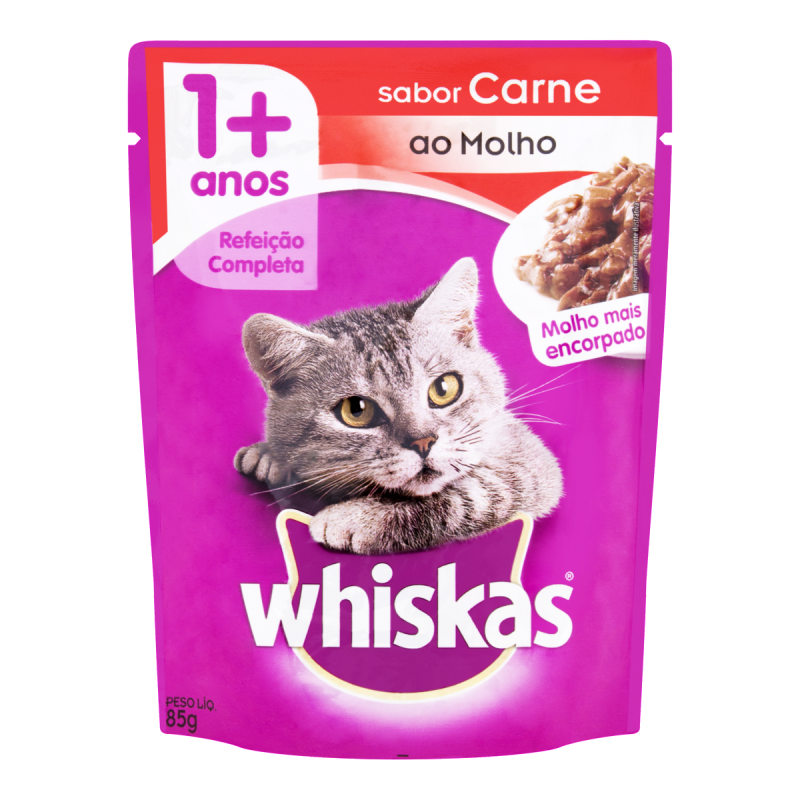 ALIMENTO PARA GATOS ADULTOS CARNE AO MOLHO WHISKAS SACHÊ 85G