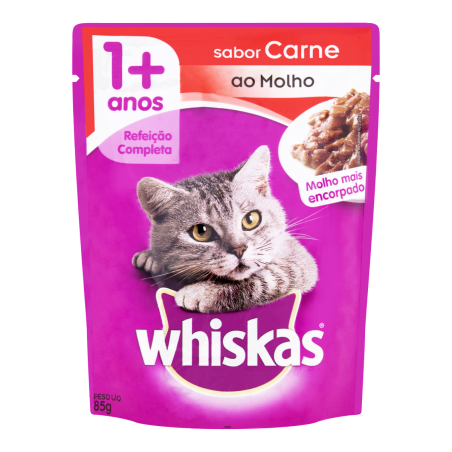 ALIMENTO PARA GATOS ADULTOS CARNE AO MOLHO WHISKAS SACHÊ 85G