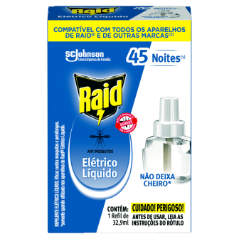 REPELENTE LÍQUIDO ELÉTRICO 45 NOITES SEM PERFUME RAID CAIXA 32,9ML REFIL