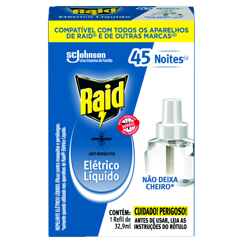 REPELENTE LÍQUIDO ELÉTRICO 45 NOITES SEM PERFUME RAID CAIXA 32,9ML REFIL