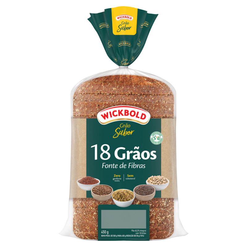 PÃO INTEGRAL 18 GRÃOS VEGANO WICKBOLD GRÃO SABOR PACOTE 450G