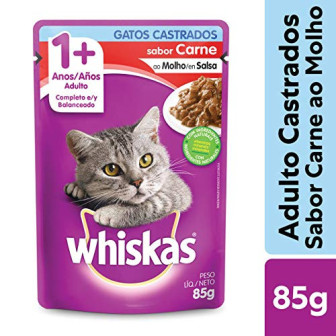 ALIMENTO PARA GATOS CASTRADOS ADULTOS CARNE AO MOLHO WHISKAS SACHÊ 85G