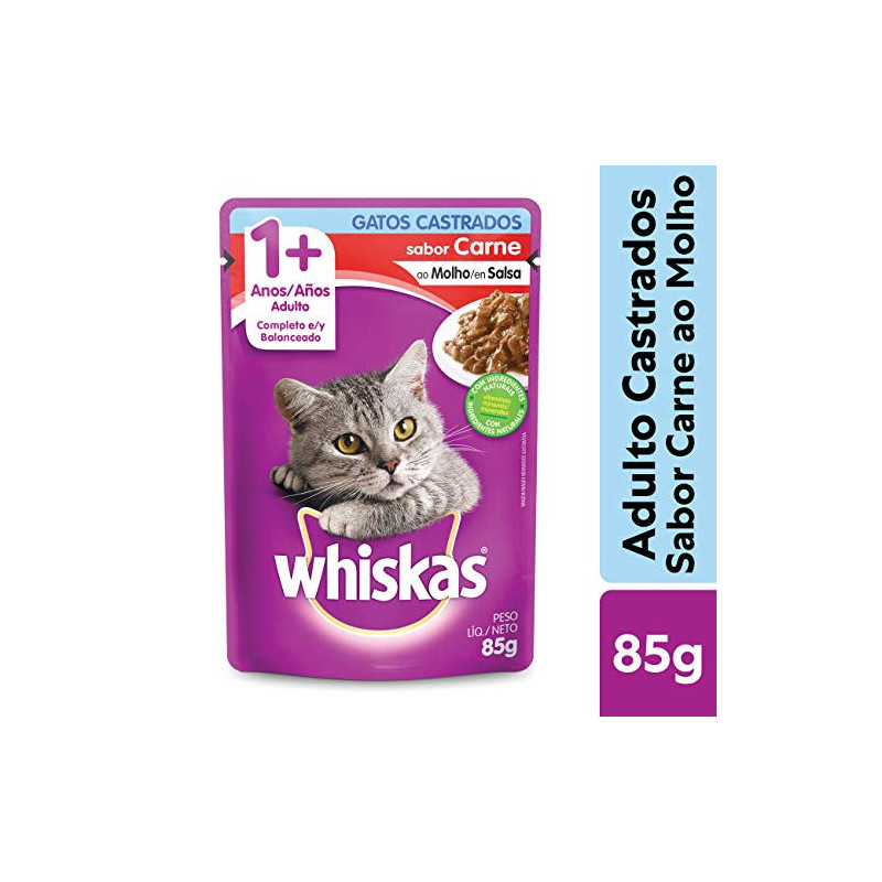 ALIMENTO PARA GATOS CASTRADOS ADULTOS CARNE AO MOLHO WHISKAS SACHÊ 85G