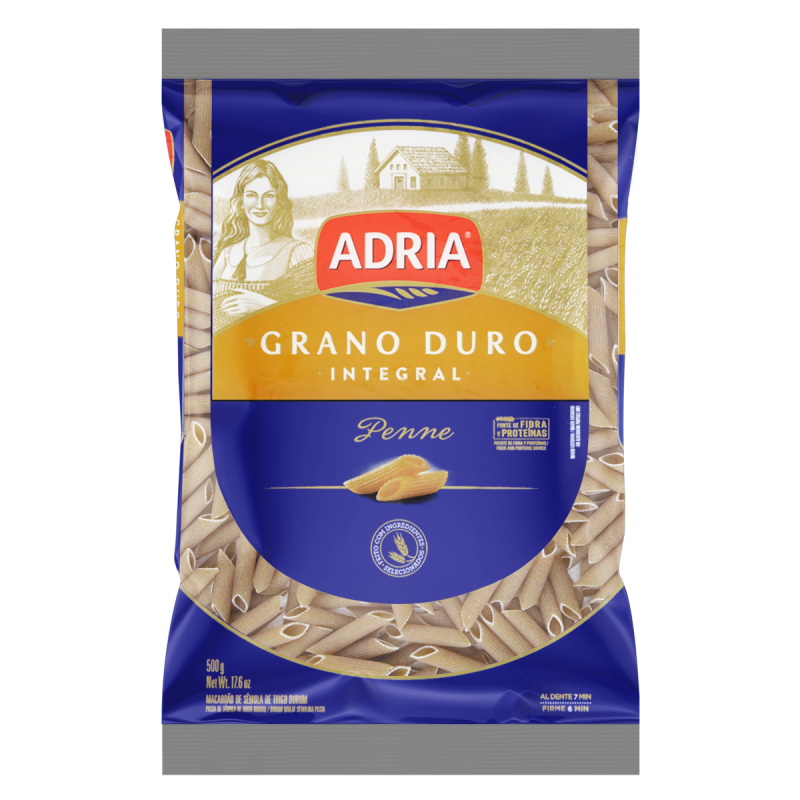MACARRÃO DE SÊMOLA GRANO DURO INTEGRAL PENNE ADRIA PACOTE 500G