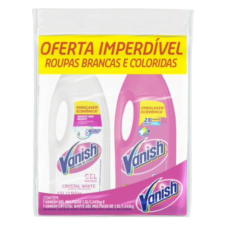 KIT TIRA-MANCHAS GEL ROUPAS BRANCAS E COLORIDAS + CRYSTAL WHITE VANISH 1,5L CADA EMBALAGEM ECONÔMICA