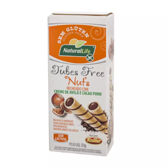 ROLINHOS DE WAFER BAUNILHA RECHEIO CREME DE AVELÃ E CACAU PURO SEM GLÚTEN ZERO LACTOSE NATURAL LIFE TUBES FREE NUTS CAIXA 50G