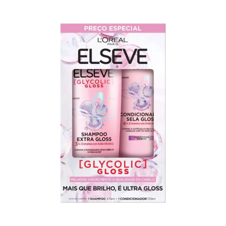 KIT SHAMPOO 375ML + CONDICIONADOR 170ML LORÉAL PARIS ELSEVE GLYCOLIC GLOSS