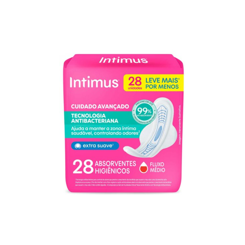ABSORVENTE COM ABAS ANTIBACTERIANO ULTRAFINO INTIMUS PACOTE 28 UNIDADES LEVE MAIS PAGUE MENOS