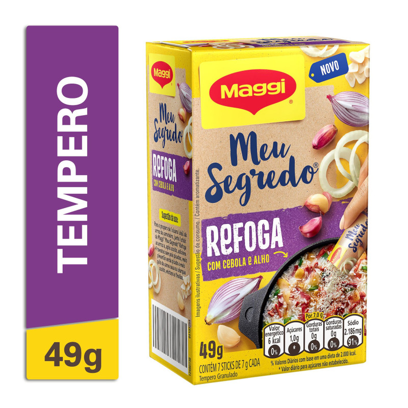 TEMPERO GRANULADO REFOGA CEBOLA E ALHO MAGGI MEU SEGREDO CAIXA 49G 7 UNIDADES