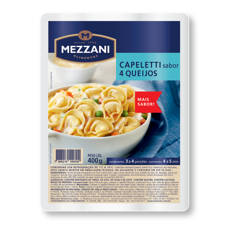 CAPELETTI RECHEIO 4 QUEIJOS MEZZANI BANDEJA 400G