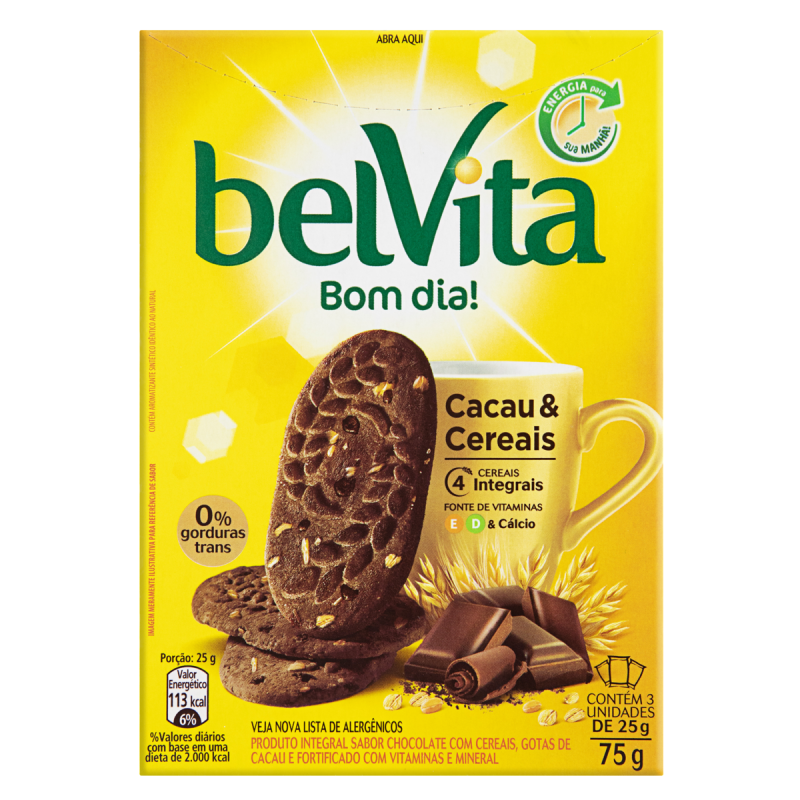 BISCOITO INTEGRAL CACAU & CEREAIS BELVITA CAIXA 75G 3 UNIDADES