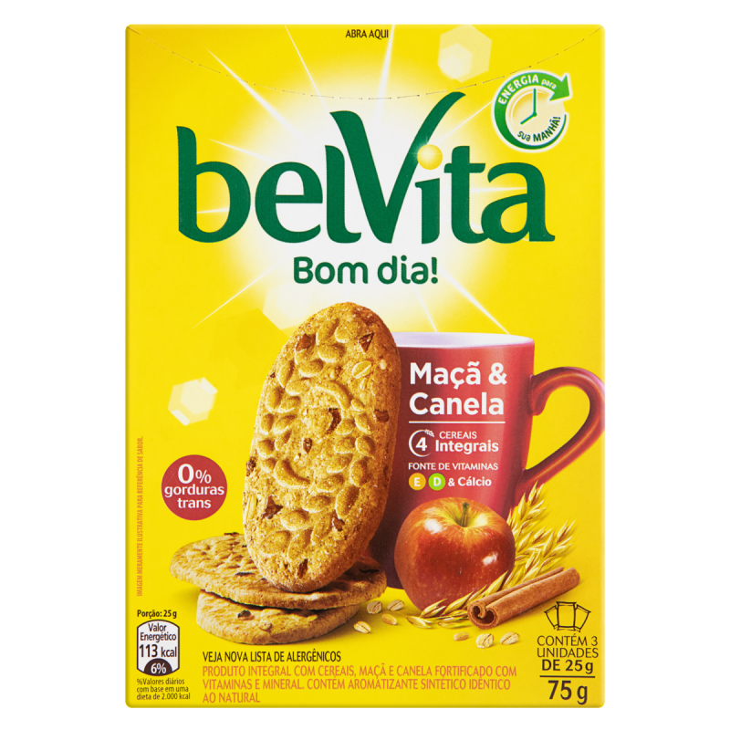 BISCOITO INTEGRAL MAÇÃ & CANELA BELVITA CAIXA 75G 3 UNIDADES
