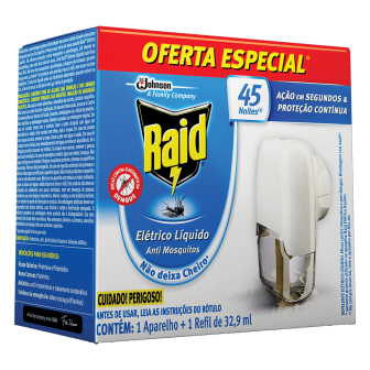 KIT APARELHO ELÉTRICO + REFIL REPELENTE LÍQUIDO 45 NOITES RAID 32,9ML