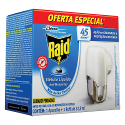KIT APARELHO ELÉTRICO + REFIL REPELENTE LÍQUIDO 45 NOITES RAID 32,9ML