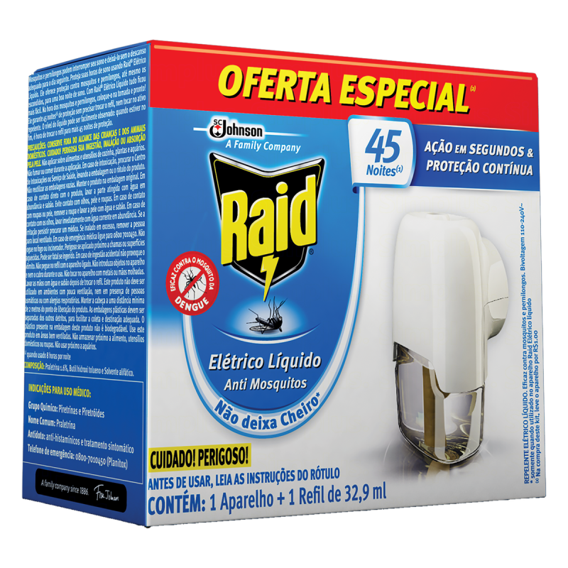 KIT APARELHO ELÉTRICO + REFIL REPELENTE LÍQUIDO 45 NOITES RAID 32,9ML