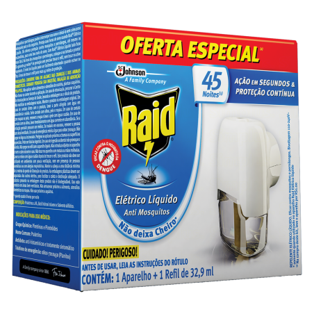 KIT APARELHO ELÉTRICO + REFIL REPELENTE LÍQUIDO 45 NOITES RAID 32,9ML
