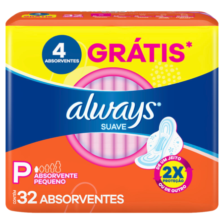 ABSORVENTE COM ABAS SUAVE ALWAYS P PACOTE 32 UNIDADES GRÁTIS 4 ABSORVENTES