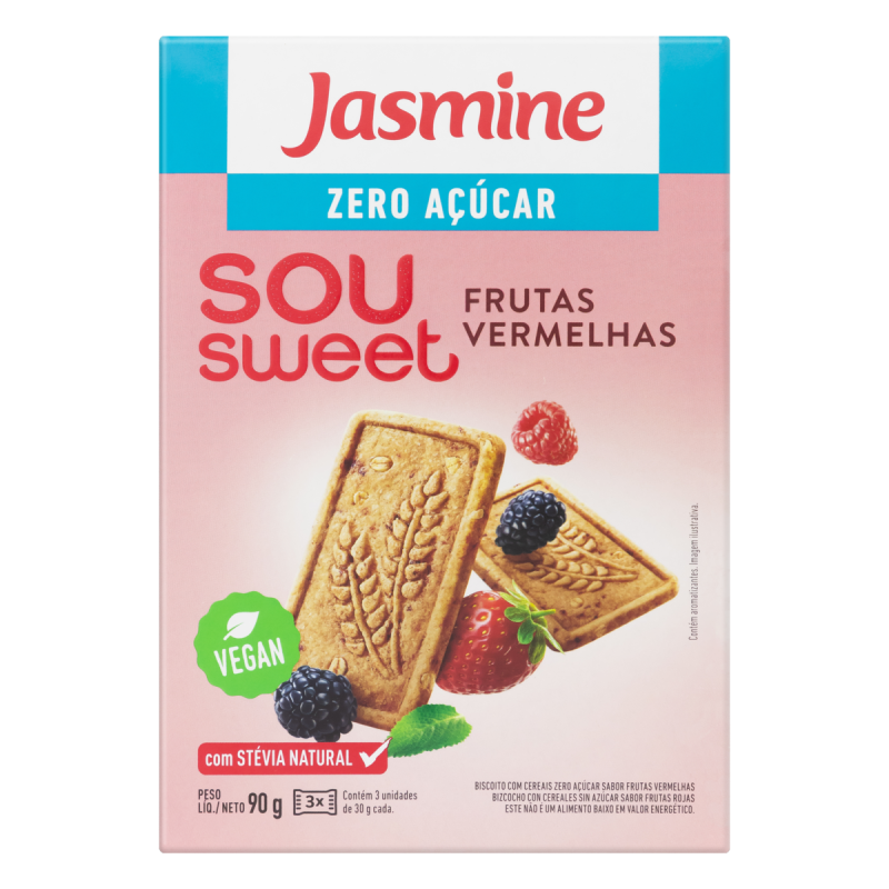 BISCOITO VEGANO INTEGRAL FRUTAS VERMELHAS ZERO AÇÚCAR JASMINE SOU SWEET CAIXA 75G