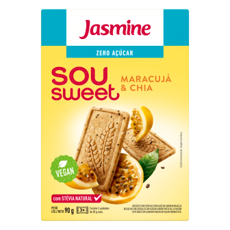 BISCOITO VEGANO INTEGRAL MARACUJÁ & CHIA ZERO AÇÚCAR JASMINE SOU SWEET CAIXA 75G
