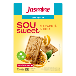 BISCOITO VEGANO INTEGRAL MARACUJÁ & CHIA ZERO AÇÚCAR JASMINE SOU SWEET CAIXA 75G