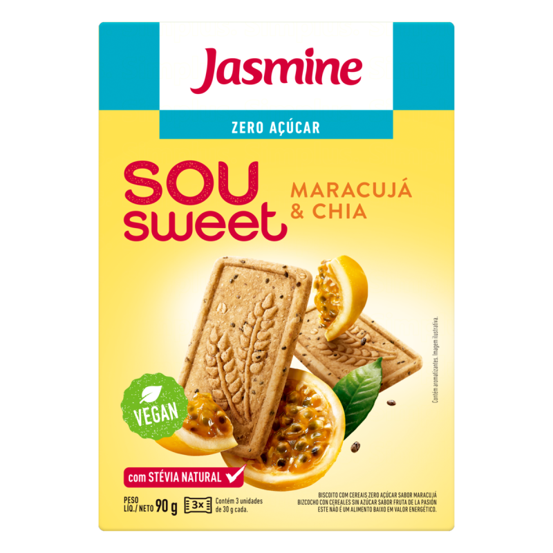 BISCOITO VEGANO INTEGRAL MARACUJÁ & CHIA ZERO AÇÚCAR JASMINE SOU SWEET CAIXA 75G