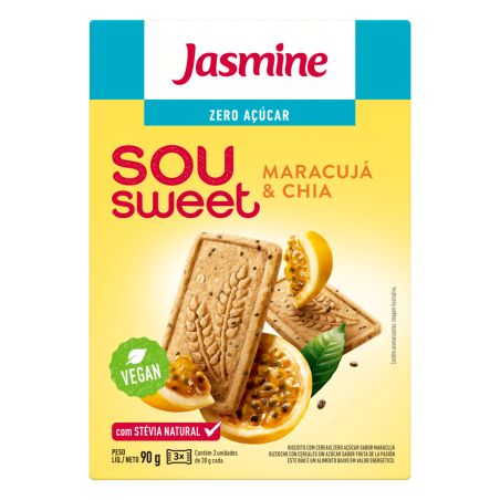 BISCOITO VEGANO INTEGRAL MARACUJÁ & CHIA ZERO AÇÚCAR JASMINE SOU SWEET CAIXA 75G