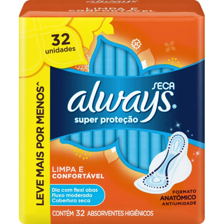 ABSORVENTE COM ABAS SECA ALWAYS PEQUENO PACOTE 32 UNIDADES GRÁTIS 4 ABSORVENTES