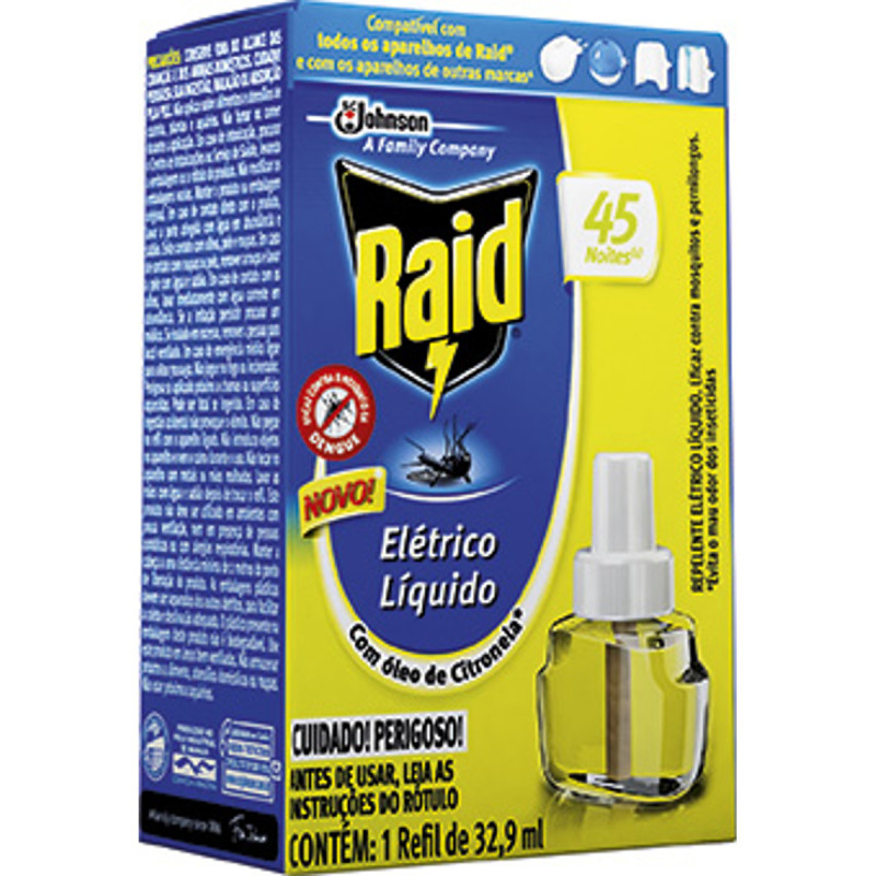 REPELENTE LÍQUIDO ELÉTRICO 45 NOITES ÓLEO DE CITRONELA RAID CAIXA 32,9ML REFIL