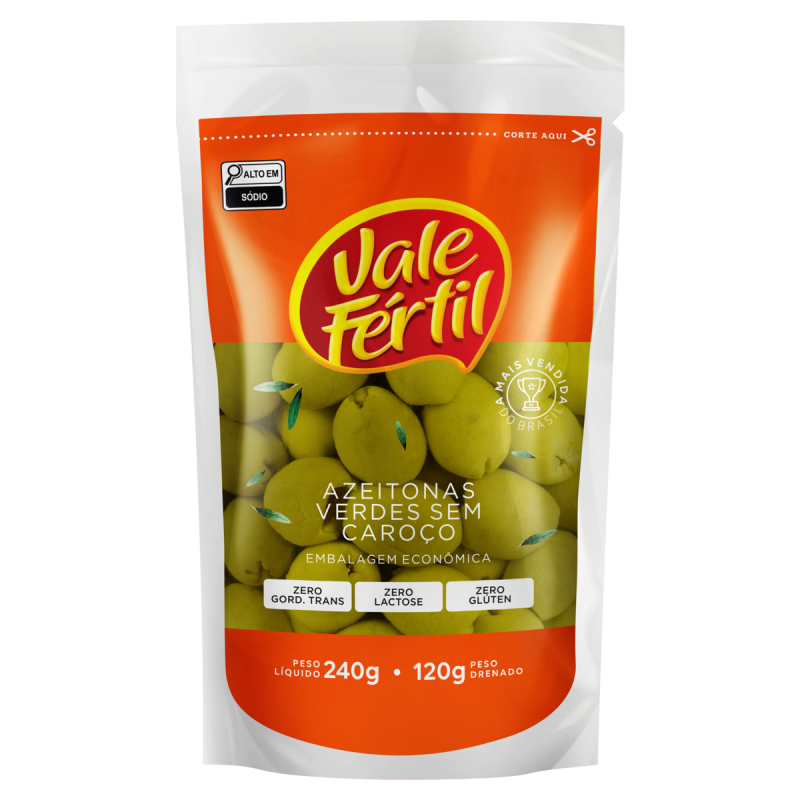 AZEITONA VERDE EM CONSERVA SEM CAROÇO VALE FÉRTIL SACHÊ 120G EMBALAGEM ECONÔMICA