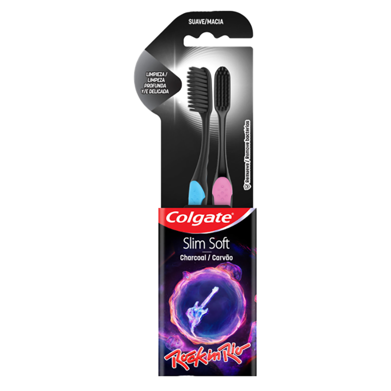 ESCOVA DENTAL MACIA CARVÃO ROCK IN RIO COLGATE SLIM SOFT 2 UNIDADES