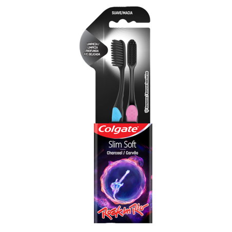 ESCOVA DENTAL MACIA CARVÃO ROCK IN RIO COLGATE SLIM SOFT 2 UNIDADES