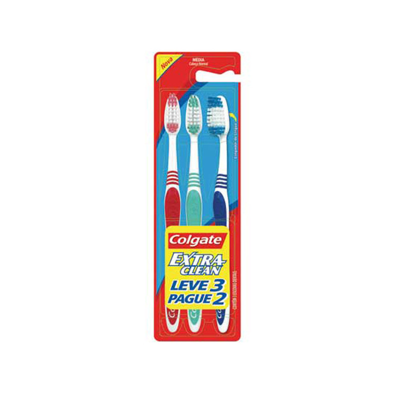ESCOVA DENTAL MÉDIA COLGATE EXTRA CLEAN CABEÇA NORMAL 3 UNIDADES