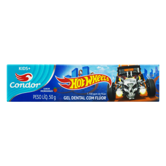 GEL DENTAL COM FLÚOR MORANGO HOT WHEELS CONDOR KIDS+ CAIXA 50G