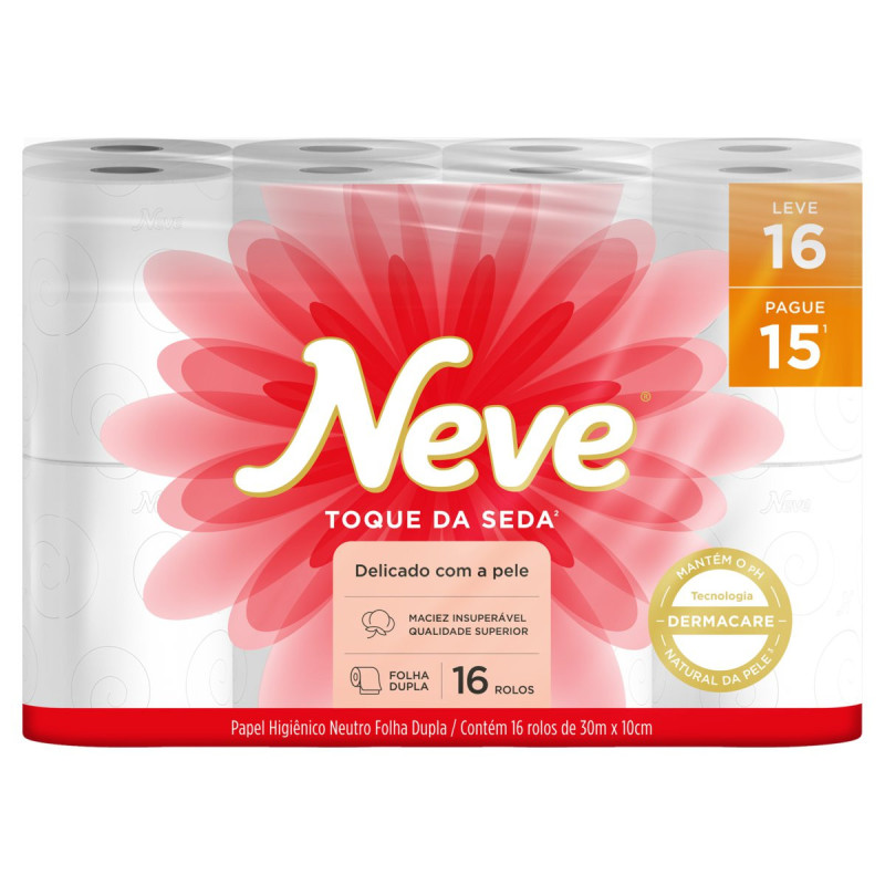 PAPEL HIGIÊNICO FOLHA DUPLA NEUTRO NEVE TOQUE DA SEDA 30M PACOTE LEVE 16 PAGUE 15 UNIDADES