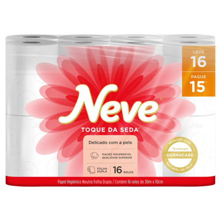 PAPEL HIGIÊNICO FOLHA DUPLA NEUTRO NEVE TOQUE DA SEDA 30M PACOTE LEVE 16 PAGUE 15 UNIDADES