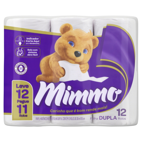 PAPEL HIGIÊNICO FOLHA DUPLA NEUTRO MIMMO 30M PACOTE LEVE 12 PAGUE 11 UNIDADES