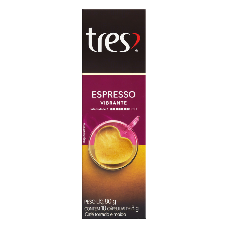 CAFÉ EM CÁPSULA TORRADO E MOÍDO ESPRESSO VIBRANTE TRES CAIXA 80G 10 UNIDADES