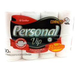 PAPEL HIGIÊNICO FOLHA DUPLA NEUTRO PERSONAL VIP 30M PACOTE 8 UNIDADES