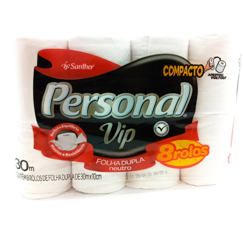 PAPEL HIGIÊNICO FOLHA DUPLA NEUTRO PERSONAL VIP 30M PACOTE 8 UNIDADES