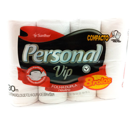 PAPEL HIGIÊNICO FOLHA DUPLA NEUTRO PERSONAL VIP 30M PACOTE 8 UNIDADES