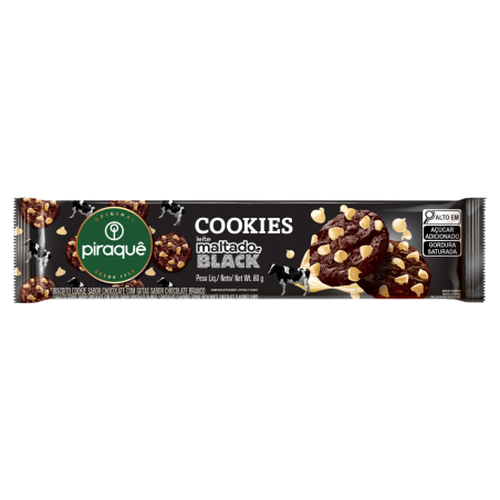 BISCOITO COOKIE LEITE MALTADO BLACK COM GOTAS DE CHOCOLATE BRANCO PIRAQUÊ PACOTE 80G