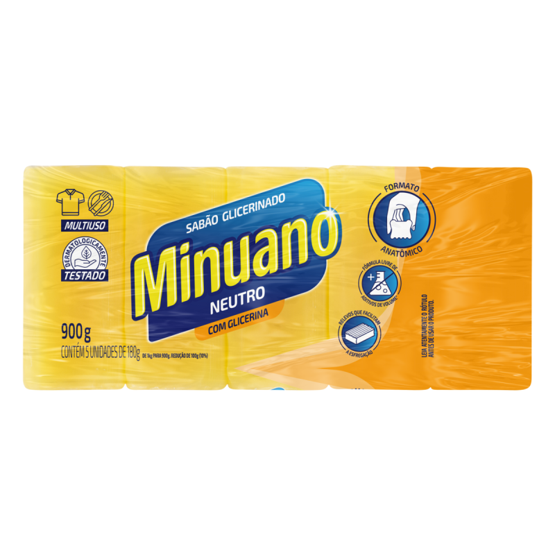 SABÃO BARRA GLICERINADO MULTIUSO NEUTRO MINUANO PACOTE 900G 5 UNIDADES