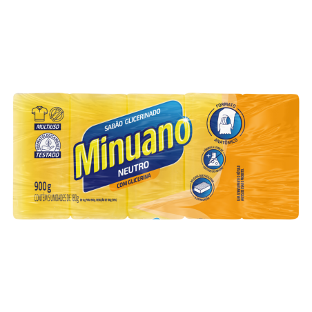 SABÃO BARRA GLICERINADO MULTIUSO NEUTRO MINUANO PACOTE 900G 5 UNIDADES