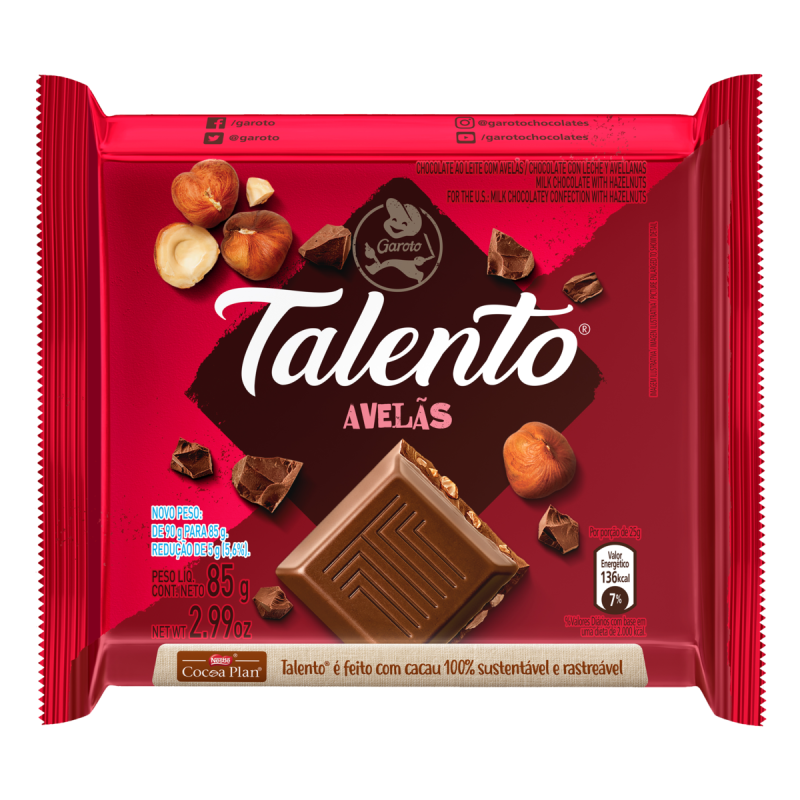 CHOCOLATE AO LEITE COM AVELÃS GAROTO TALENTO PACOTE 85G